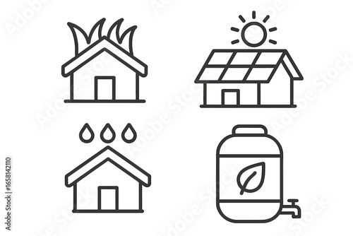 Sustainable architecture icon set. Green roof, solar panels, rainwater harvesting system. Eco friendly building, renewable energy, and water conservation concepts. Outline vector.