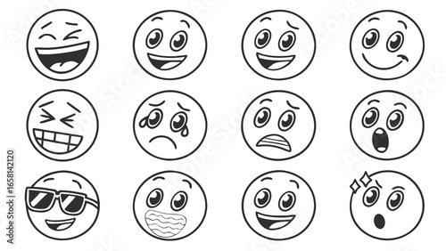 Collection of twelve hand drawn black and white cartoon smiley face emojis expressing various emotions and moods