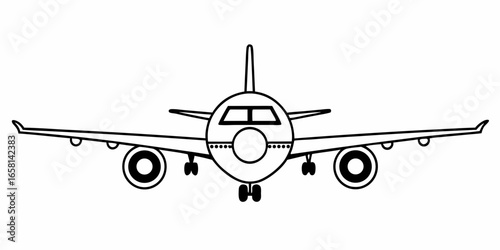 Illustration of a front facing airplane with detailed wings and landing gear in black outline style