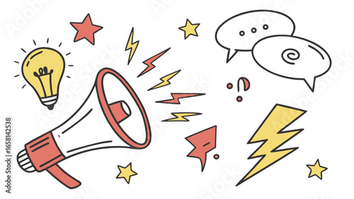 Doodle style megaphone with lightbulb speech bubbles stars and lightning bolts representing ideas and communication