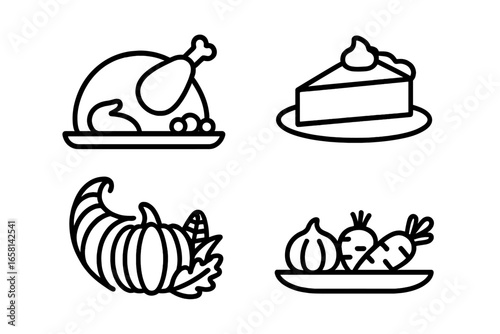 Thanksgiving feast line icon set. Traditional holiday dinner elements. Roasted turkey, pumpkin pie, cornucopia, autumn vegetables. Fall harvest celebration food vector symbols.
