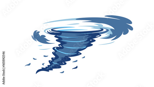 Dynamic blue tornado swirling with debris against a stark black background symbolizing powerful natural forces