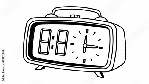 Illustration of a retro alarm clock with digital and analog displays showing time in black and white