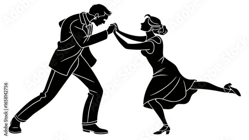Elegant silhouette of a couple dancing together gracefully in a romantic ballroom pose