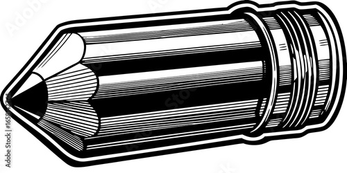 Illustration of a sharpened pencil with eraser and a thick outline in black and white style drawing