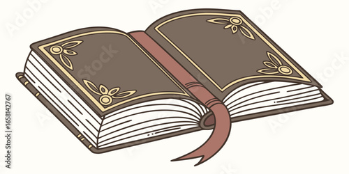 Illustration of an open book with a brown cover and a red ribbon bookmark inside the pages shown