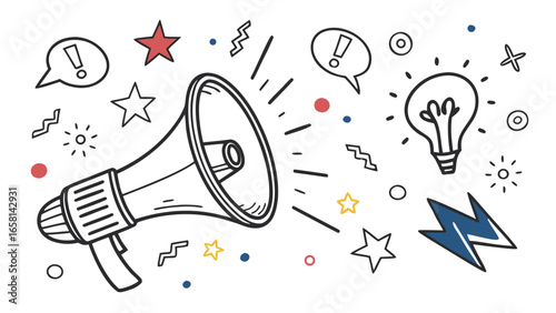 Hand drawn doodle style megaphone announcing an idea with a lightbulb and speech bubbles with exclamation marks