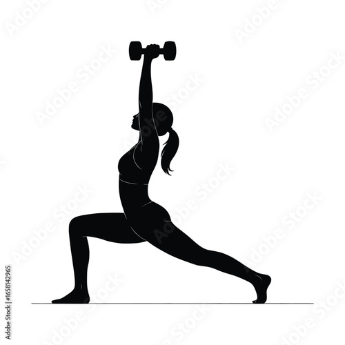 Silhouette of person performing overhead dumbbell lunge with one arm raised and other hand on hip, showcasing strength and stability