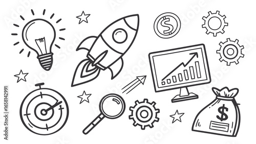 Hand drawn doodle icons representing business growth success idea generation financial investment and strategic planning for startup ventures