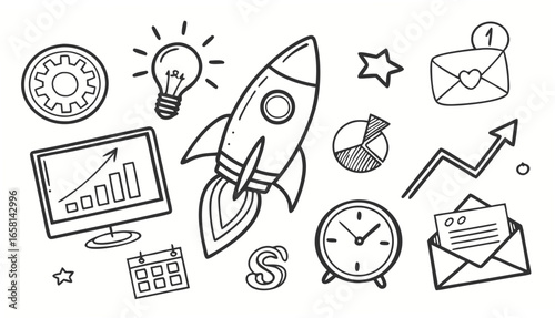 Hand drawn doodle icons representing business growth success strategy startup launch and project management concepts