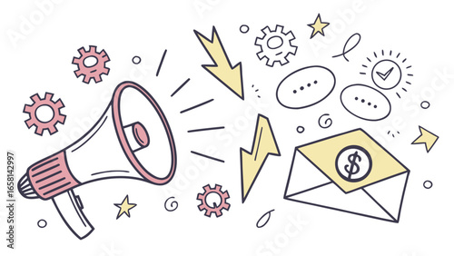 Hand drawn illustration of a megaphone announcing important news with gears lightning bolts speech bubbles and an envelope with a dollar sign