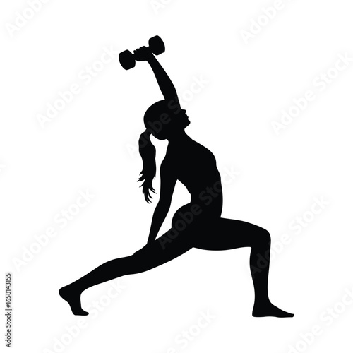 Silhouette of person performing overhead dumbbell lunge, showcasing strength, balance, and proper form in full-body fitness exercise