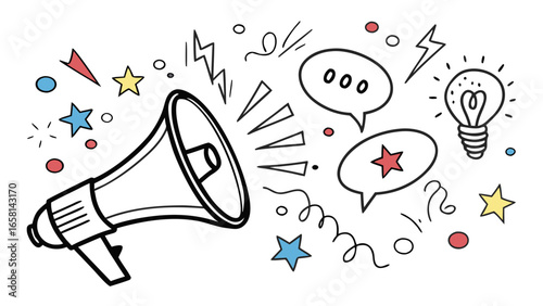 Hand drawn megaphone with speech bubbles stars lightning bolts and a lightbulb symbolizing communication and ideas