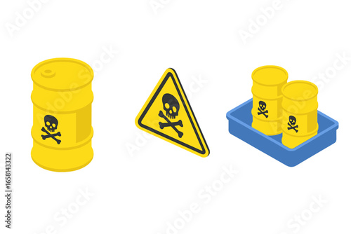 Toxic waste isometric icon set. Yellow barrel with skull symbol for radioactive, chemical or hazardous materials. Danger warning sign. Secondary containment tray vector illustration.