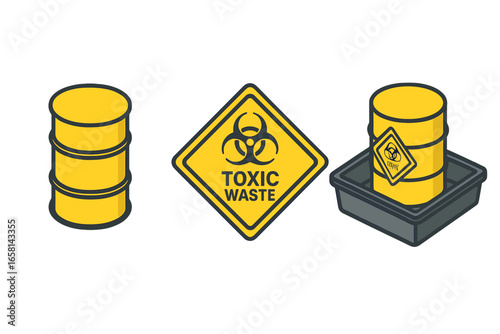 Toxic waste icon set. Isometric hazardous material barrel. Biohazard warning sign. Danger symbol. Chemical waste drum in containment tray. Pollution, safety, ecology concept.