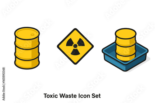 Isometric toxic waste icons. Vector set with radioactive material symbol, yellow barrel for nuclear waste, and hazard spill containment pallet. Industry pollution concept design.