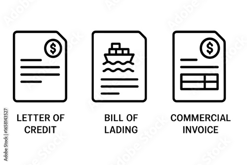 Trade finance icon set. Letter of credit, bill of lading, commercial invoice. Import export documentation. International trade logistics symbols. Payment guarantee and shipping vector.