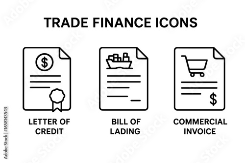 Trade finance documentation icon set. Outline vector symbols for business concepts like letter of credit, bill of lading, commercial invoice, import, export, shipping, payment.