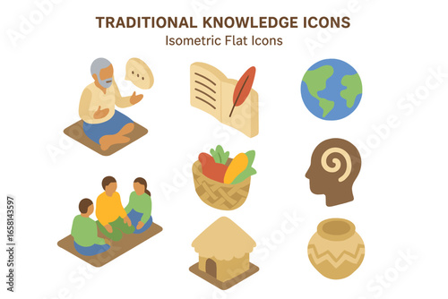 Traditional knowledge isometric icon set. Indigenous culture, heritage, and community education vector icons. Elder storyteller, wisdom, oral history, and ancestral craft symbols.