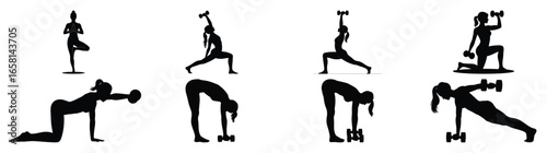Six silhouettes of people performing varied dumbbell and kettlebell exercises, showcasing strength, motion, and fitness versatility