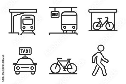 Public transport and urban mobility line icon set. Outline vector symbols for multimodal transit: train platform, bus stop, taxi stand, bike rack, and pedestrian walking icon.