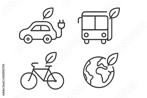 Eco-friendly transportation icon set. Green transport concepts like electric car, eco bus, bicycle, and planet earth symbol. Sustainable energy and environmental care vector icons.