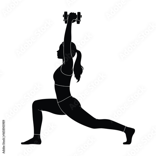 Silhouette of person performing overhead dumbbell lunge with proper form, showcasing strength, balance, and full-body fitness training