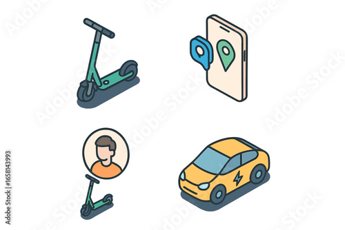 Isometric icon set for mobility service. Transportation startup concept with electric car, scooter sharing and ride hailing app. Urban transport technology vector illustration.
