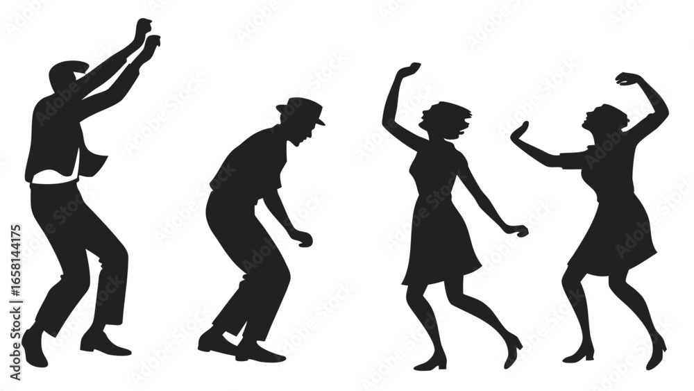 Obraz premium Silhouettes of four people dancing joyfully in a vintage style with arms raised and expressive body movements