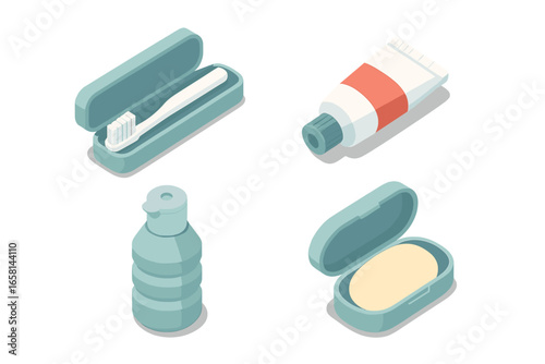 Travel essentials isometric icon set. Vector personal hygiene and bathroom kit for vacation. Toiletry items: toothbrush in case, toothpaste, soap in dish, collapsible travel bottle.