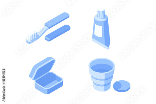 Isometric travel essentials icon set. Portable bathroom kit with foldable toothbrush, mini toothpaste, collapsible cup, and container. Vector for hygiene, dental care, vacation.