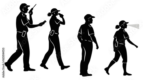 Silhouettes of security guards in uniform performing duties such as communication and observation on white background