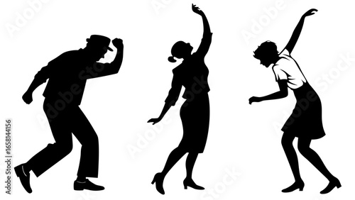 Silhouettes of three people dancing and celebrating with dynamic poses and expressive movements on a white background