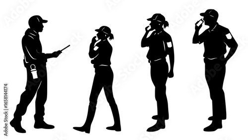 Silhouettes of security guards in uniform one holding a device others talking on phones or thinking