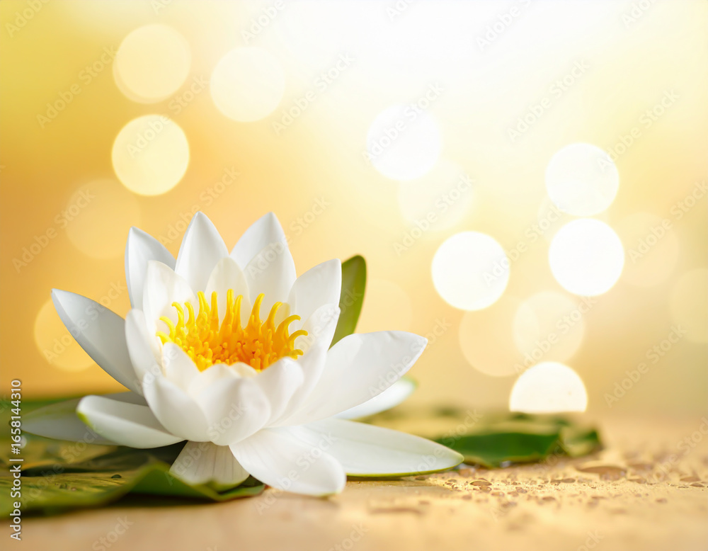 Obraz premium 黄金色の背景に咲く白い睡蓮の花