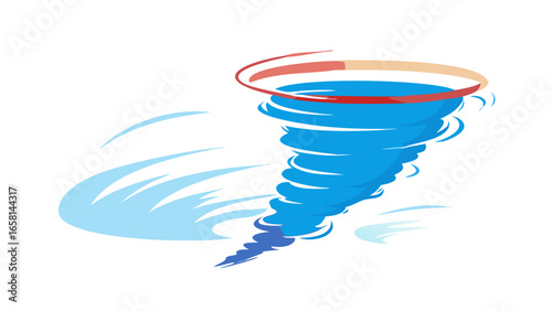 Stylized blue tornado with swirling winds and a red and tan halo against a black background