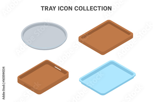 Tray icon collection. Isometric flat icon set of various tray types and materials. Silver round metal tray, wooden rectangular tray, and plastic food tray. Vector for food service.