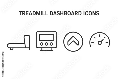 Treadmill dashboard icons. Concept of cardio workout, gym exercise. Outline icon set of a treadmill belt, display panel, incline button, and speed. Vector for UI UX design element.