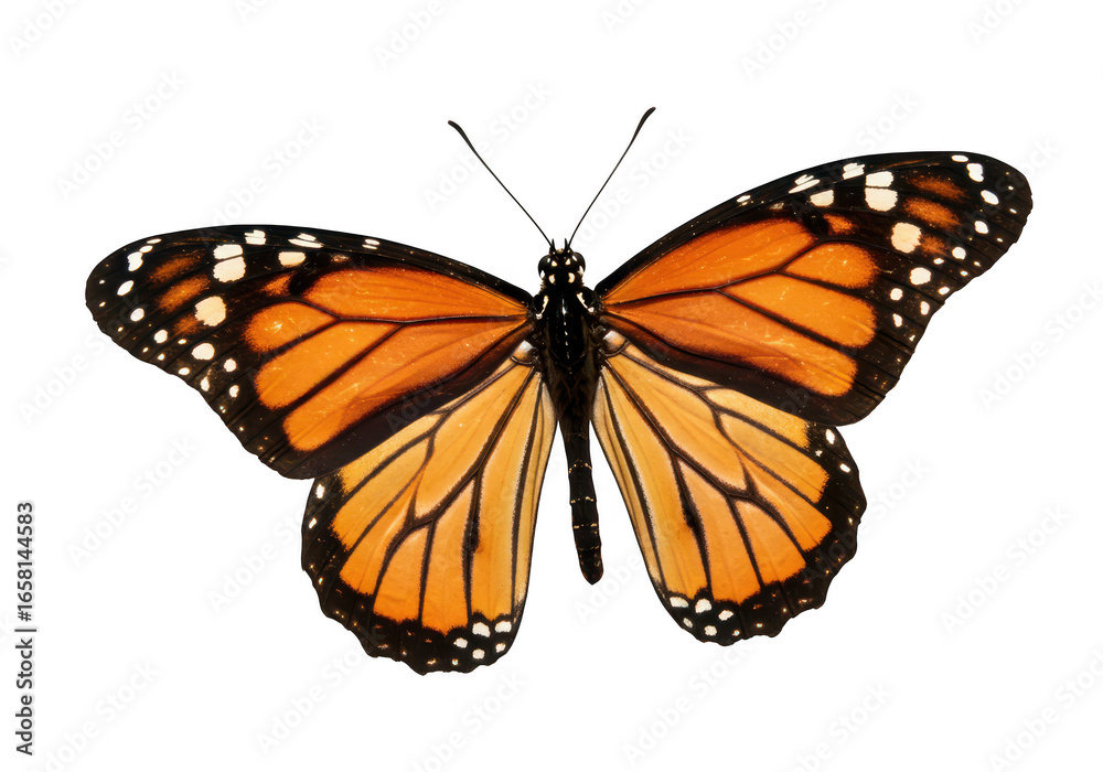 Fototapeta premium A beautiful monarch butterfly with intricate orange, black, and white patterns on its wings, isolated on a transparent background