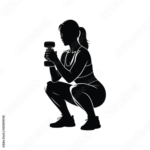 Silhouette of person performing squat with dumbbell in both hands, demonstrating lower body strength, posture, and fitness technique
