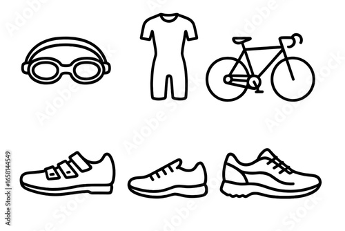Triathlon gear outline icon set. Vector illustration of equipment for swim, bike, run competition. Sports symbols: goggles, wetsuit, road bicycle, cycling and running shoes.