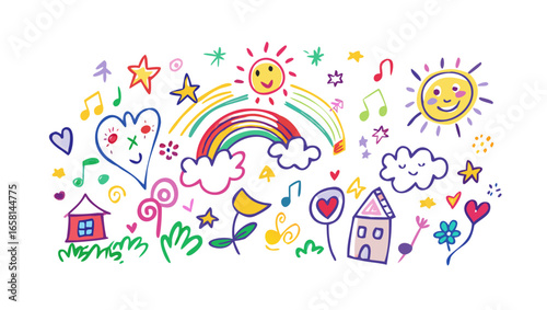 Vibrant and cheerful hand drawn children s illustration featuring a rainbow smiling suns clouds musical notes hearts stars and houses on a black background