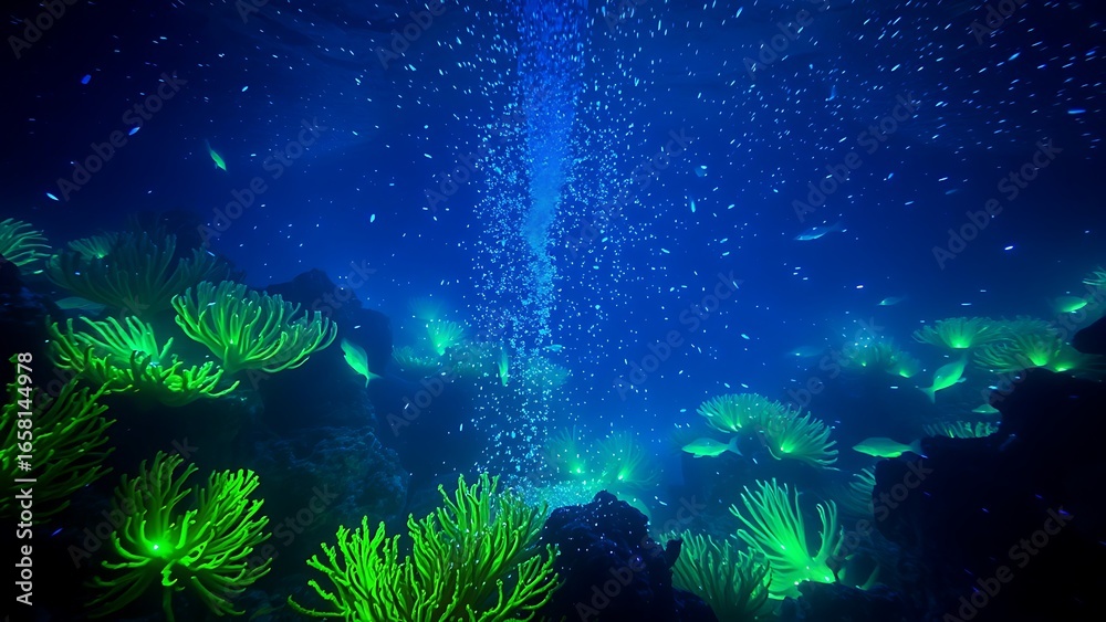 Obraz premium Underwater Coral Reef Landscape - Vibrant Marine Life with Glowing Green Flora and Bubbles, for Nature Documentaries and Scuba Diving Promotions