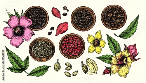 Detailed Botanical Illustration of Spices, Flowers, and Leaves in Wooden Bowls
