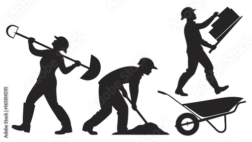Construction workers in silhouette performing various tasks with tools