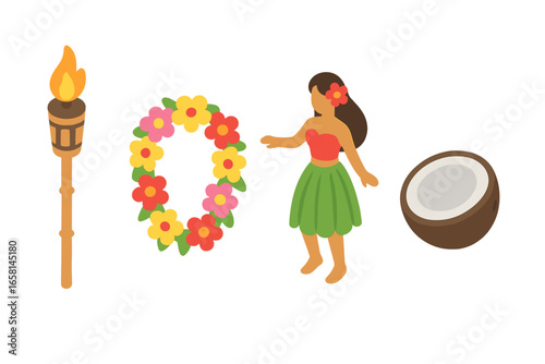 Hawaiian luau party icon set in isometric flat design. Tropical vector collection with hula dancer woman, tiki torch, colorful flower lei garland, and fresh coconut fruit icon.