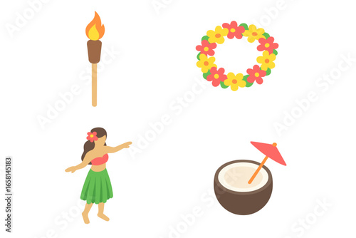 Hawaiian luau party isometric vector icon set. Tropical elements for summer celebration. Includes hula dancer, tiki torch, flower lei garland, and exotic coconut cocktail drink.