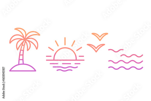 Summer beach vacation icons with gradient outline. Set includes palm tree on island, sunset over the sea, ocean waves, and flying birds. Tropical travel vector elements.