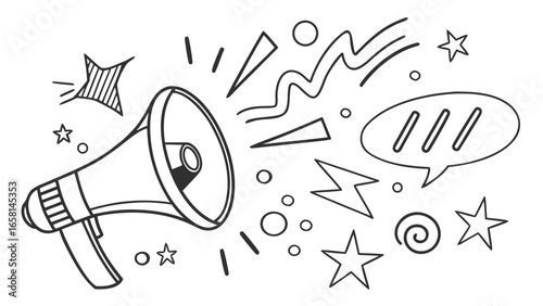 Doodle megaphone announcement with stars and speech bubble