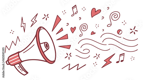 Doodle megaphone spreading music and hearts